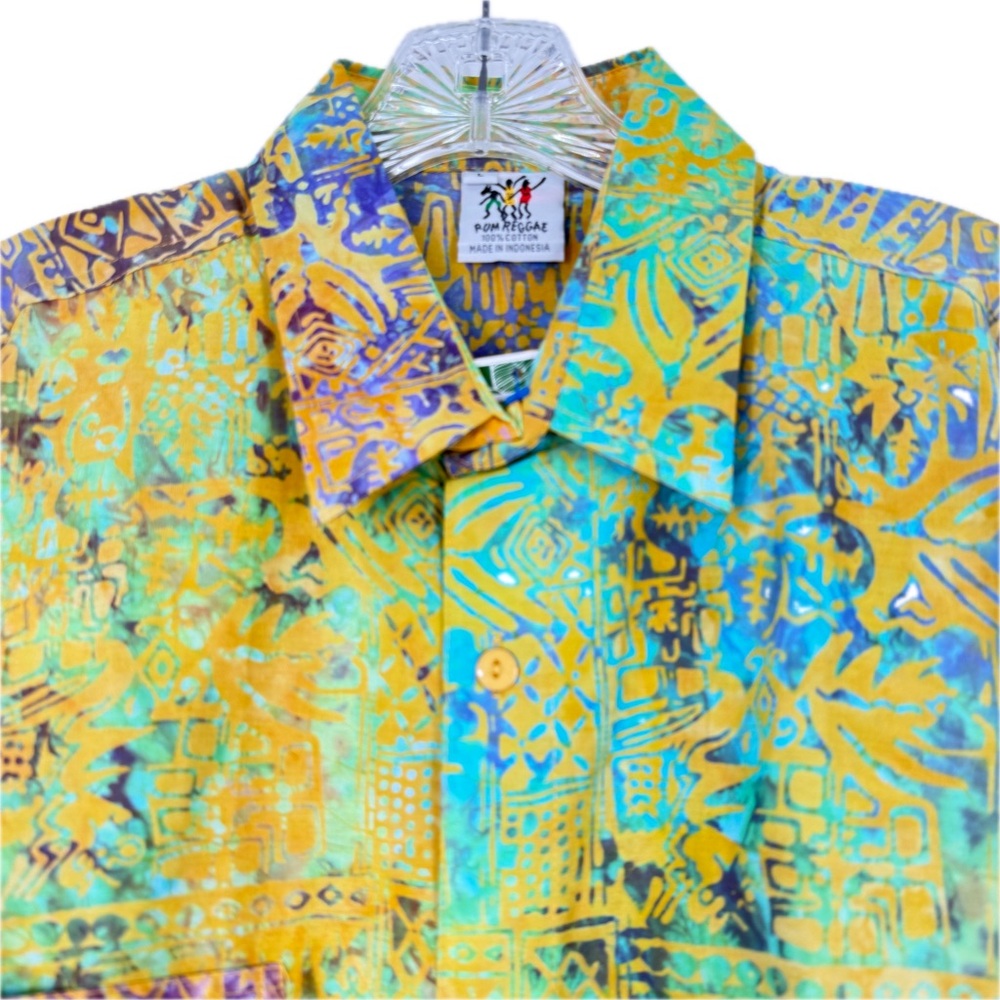 Rum Reggae Hawaiian Batik Camp Shirt "Mozambique" Saffron/Turq. Size Large NWT - Picture 4 of 16